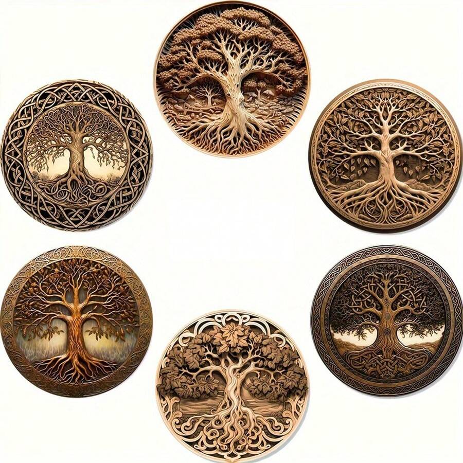 Bộ 6 miếng lót ly bằng gỗ, họa tiết Cây sự sống - in phẳng 2D, thảm lót ly chống trượt, bảo vệ mặt bàn, trang trí nhà cửa và văn phòng, trang trí nhà bếp, phụ kiện nhà bếp, trang trí bàn, quà tặng Giáng sinh, trang trí Giáng sinh, chọn từ 1 bộ, 2 bộ hoặc 31 bộ, bộ lót ly, miếng lót ly đồ uống, miếng lót ly cho cốc tại nhà - màu nâu - Xem 1