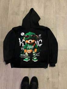 男士休闲街头风连帽衫，熊图案印花设计，秋冬季长袖上衣 - 黑色 - 查看 3