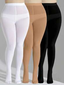 3 Pairs Women's Opaque Solid Color High Elasticity Leggings, Plus Size