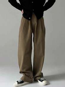 Men Casual Slim Fit Solid Color Pants, Soft & Comfortable - Suitable For Daily Commute, Casual And Business Wear, Fall - Brown - View 1