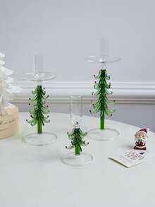 1pc Christmas Tree Glass Candle Holder, Creative Green Candle Stand For Christmas, High-Quality And Exquisite, Can Accommodate Candle Wax Residue, Suitable For Christmas Home Decor, Living Room, Entryway, Fireplace, Dining Table Decoration, Gift