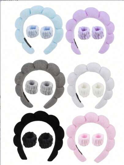 3 件套豪华超细纤维 Spa 头带和腕带套装 - 1 件洁面头带、2 件洁面腕带、化妆头带、护肤头带、天鹅绒蓬松海绵头带、Spa 头带、腕带、柔软舒适，一套用于洗脸、化妆、淋浴和护肤的女性发饰