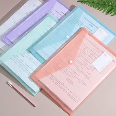 10pcs/5pcs A4 Clear Polypropylene Document Bags With Snap Buttons, Waterproof File Storage Pouches, Available In Assorted Pastel Colors (Pink, Blue, Green, Purple), Suitable For Students And Office, School File Folders
