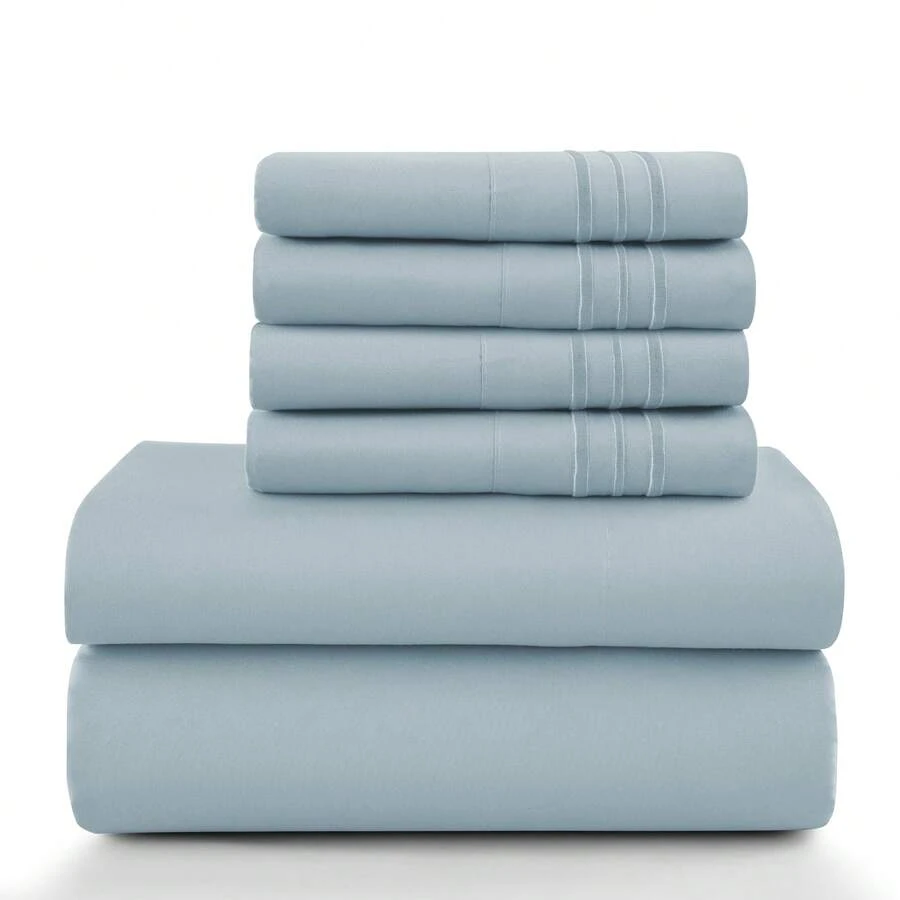 LUX DECOR 6-Piece Embroidered Bed Sheet Set – Brushed Microfiber, Deep Pocket, Lightweight & Breathable – Graduation Gifts, Home Decor, Sleep Protection For Dorms, Student Beds, Back‑To‑School Gift, Soft Bed Linens, Comfortable Sleep, Luxury Bed Set, Valentine's Day Bedroom, Spring Bedding Refresh, Guest Room Essentials, Dorm Room Bedding, Premium Bed Linens, Easy Care Sheets, Hypoallergenic Fabric, Year-Round Comfort, Master Bedroom Update, Matching Bedding Set, Hotel Quality Linens - 冰藍色 - 查看 1