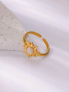 1pc Stylish Gold Stainless Steel Sun & Blue Cat Eye Stone Open Ring For Women Party Jewelry Gift - Yellow Gold - View 8