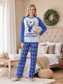 Kid Boys Christmas Set - Reindeer Print Raglan Sleeve Top And Plaid Pants, Holiday Outfits