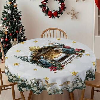 1/36 piezas Escena de la Natividad de Navidad, decoración de mesa con patrones florales y de ángeles - Mantel rectangular o redondo de 100% poliéster con relieve, adecuado para fiestas festivas, reuniones familiares y decoración del ambiente navideño