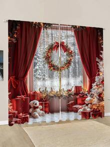 2 pièces Rideaux de tringle à rideaux avec motifs d'arbre de Noël multicolore et boule de Noël rouge, décoration de maison moderne et élégante, convient pour Noël et usage quotidien (poids du tissu 120g), décoration de pièce, décoration de Noël pour la maison