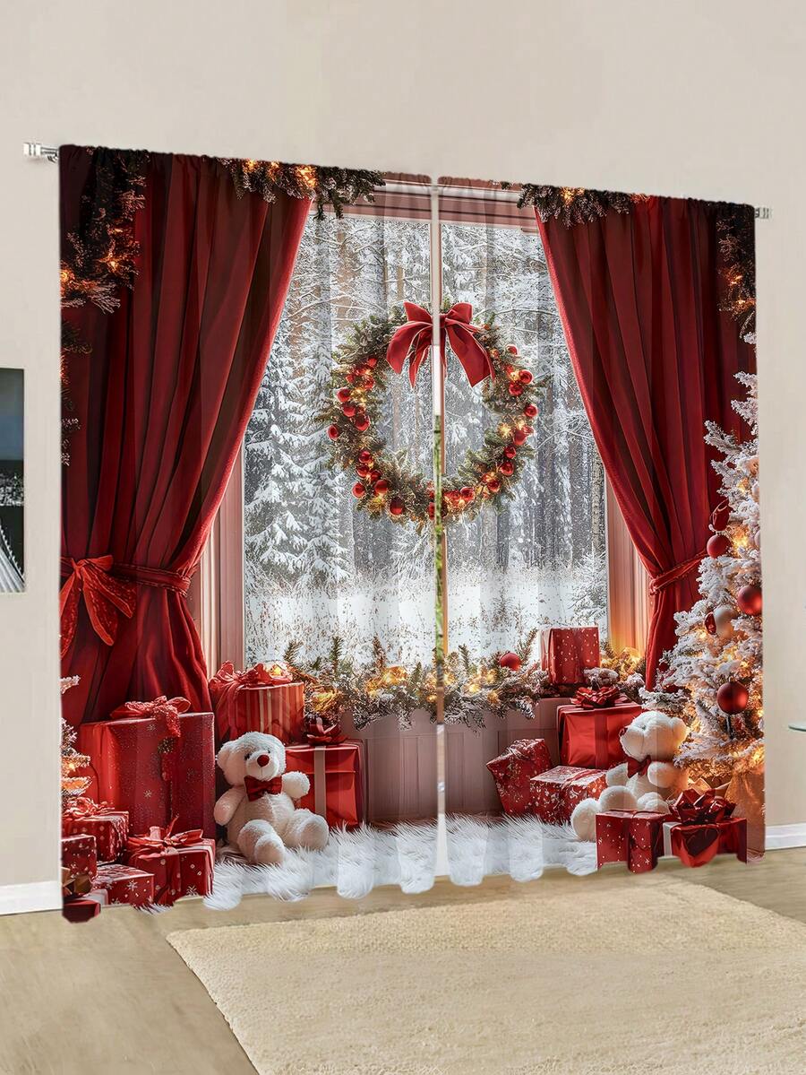 2 pièces Rideaux de tringle à rideaux avec motifs d'arbre de Noël multicolore et boule de Noël rouge, décoration de maison moderne et élégante, convient pour Noël et usage quotidien (poids du tissu 120g), décoration de pièce, décoration de Noël pour la maison