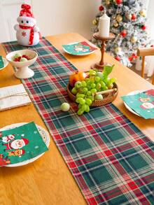 1 szt. bieżnik na stół w zieloną kratę "Wesołych Świąt", w starodawną zieloną kratę, gruba szczotkowana tkanina, nadaje się do kredensu, szafki, nadaje się do prania, do wystroju kuchni, jadalni, salonu, na imprezy, Boże Narodzenie, Nowy Rok