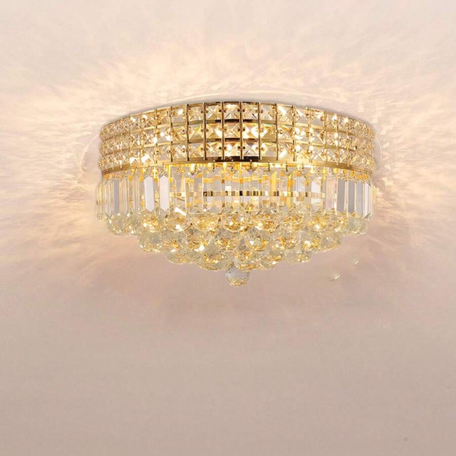 1-Piece Gold Crystal Ceiling Light Pendant - Elegant, Luxurious And Shining, Suitable For Living Room, Dining Room, Bedroom, Corridor And Foyer, A Dazzling Choice For Versatile Spaces. Diameter 42cm E14 Lamp Holder, Bulb Not Included - 金色 - 查看 1