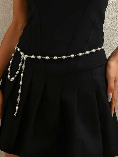 1 件复古简约高端金属人造珍珠串珠链腰带，时尚设计，镶嵌人造珍珠腰饰，适合女性日常、度假、派对穿着（手工串珠可能有轻微瑕疵）