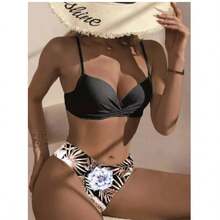 Tropical Print 3 Piece Bikini Set, V Neck Ruched High Cut With Long Sleeves Cover Up Shirt Swimsuits, Women's Swimwear & Clothing For Holiday - 黑色 - 查看 4
