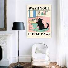 1 pieza Lava tus patitas con estampado de gato verde, lindo póster de baño, pósteres de lavado para niños en el cuarto de lavado, decoración de impresiones Kawaii, arte único de gatos, sin marco