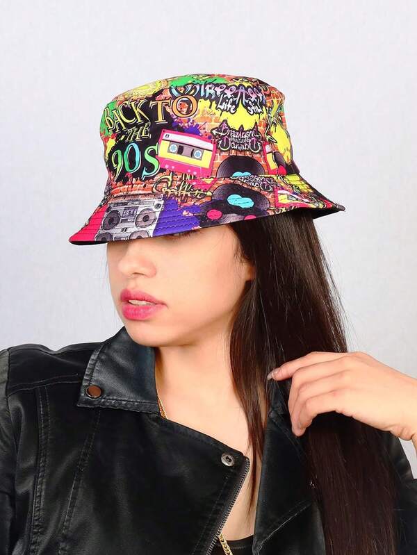1pc Graffiti Numeral & Letter Retro Streetwear Casual Polyester Printed UV Protection Decorative Adult Bucket Hat, Spring/Summer/Autumn Winter Warm