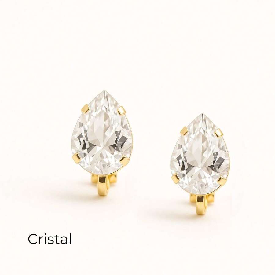 Ear Without Piercing Drop Clip-On Earrings With Crystal | Gold Plated | NO EAR PIERCING REQUIRED - White - View 1