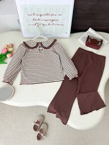 Humor Bear 2 件套女童彼得潘领荷叶边蝴蝶结条纹长袖上衣和喇叭裤套装，秋季 - 咖啡棕 - 查看 2