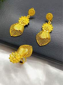 4pcs Women's Gold-Plated Hollow Flower Necklace, Earrings, Bracelet, Ring Jewelry Set, Suitable For European, Middle Eastern, Dubai, African Bride, Wedding, Party, Date, Prom, Mother's Day, Birthday, Halloween, Holiday Gift