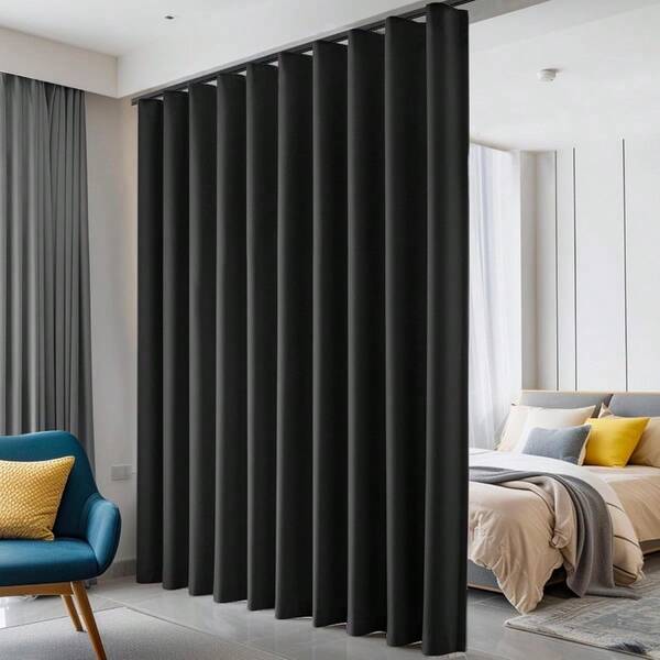 New-Room Divider Curtains Blackout Ceiling Track Curtains With Hook Sound Proof Floor Curtains Perfect For Ceiling Mount Curtain Tracks Wall Divider For Room Separation Black W100 X H84