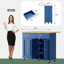 39" Kitchen Island On Wheels With Storage Cabinet Kitchen Cart Cabinet With Shelves, Cart Handle For Towel Rack Or Free Mobility, Portable Islands, - Màu xanh lam - Xem 3
