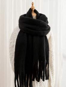 1 Solid Color Tassel Warm Thick Scarf, Multifunctional Neck Warmer For Winter,Holiday,Travel - Black - View 7