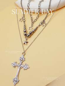 3pcs Gothic Punk Style Rhinestone Cross Star Design Necklace Set, Minimalist Star Tassel Necklace Jewelry Set For Women