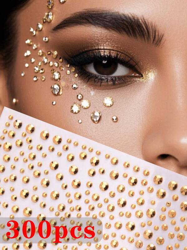 Aproximadamente 300 peças por peça, adesivos de pedras preciosas douradas para rosto, glitter corporal, adesivos de pedras preciosas estéreo brilhantes, acessórios para rave, adesivos de maquiagem com strass, estilo Y2K, festival de música, olhos e joias para rosto faça você mesmo