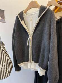 JIANHU Casual Zip Up Knit Hoodie With Contrast Trim, Relaxed Fit Fall Winter Essential