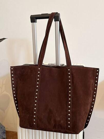 New Fashion Casual Suede Large Capacity Solid Color Retro Versatile Rivet Decorated Women's Shoulder Bag, Japanese Chic High-End Minimalist Design, Suitable For College, Vacation, Commute, Shopping, Tote Bag