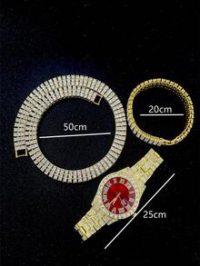 Luxury Alloy Men's Quartz Watch With Rhinestone & Crystal Inlaid, Date Display, Paired With Hip Hop Cuban Link Necklace And Bracelet Set - Necklace Set - View 11