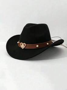 1 件女士时尚纯色帽檐毡帽，饰有棕色金属心形腰带，独特的西部牛仔帽，适合户外、派对、男女通用 - 愛心珍珠一字禮帽 - 查看 12