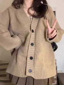 Chaqueta de punto de las mujeres chaqueta de tweed mujer otoño e invierno suelto perezoso viento delgado cardigan jumper versátil suéter de punto tops - Camel - Ver 5