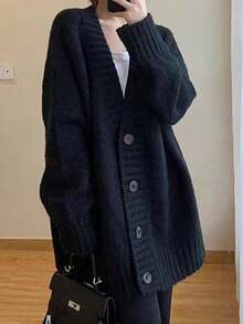 Chaqueta de punto de las mujeres chaqueta de tweed mujer otoño e invierno suelto perezoso viento delgado cardigan jumper versátil suéter de punto tops - Negro - Ver 5