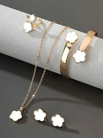 5pcs/Set Lucky Four-Leaf Clover Design Necklace, Earrings, Bracelet & Ring Set
