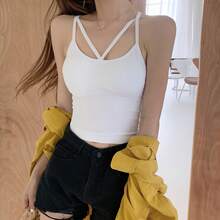 Tirantes para mujer sexy con cuello en V, Playera sin mangas para dama moda de color sólido con almohadillas de sujetador, tirantes negros blancos, talla única, para 40 a 70 kg - Blanco - Ver 3