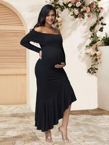 JustVH Maternity Bohemia Off-Shoulder Long Sleeves Dress Asymmetric Ruffle Hem Bodycon Maxi Dress For Baby Shower Photoshoot Party - Black - View 6