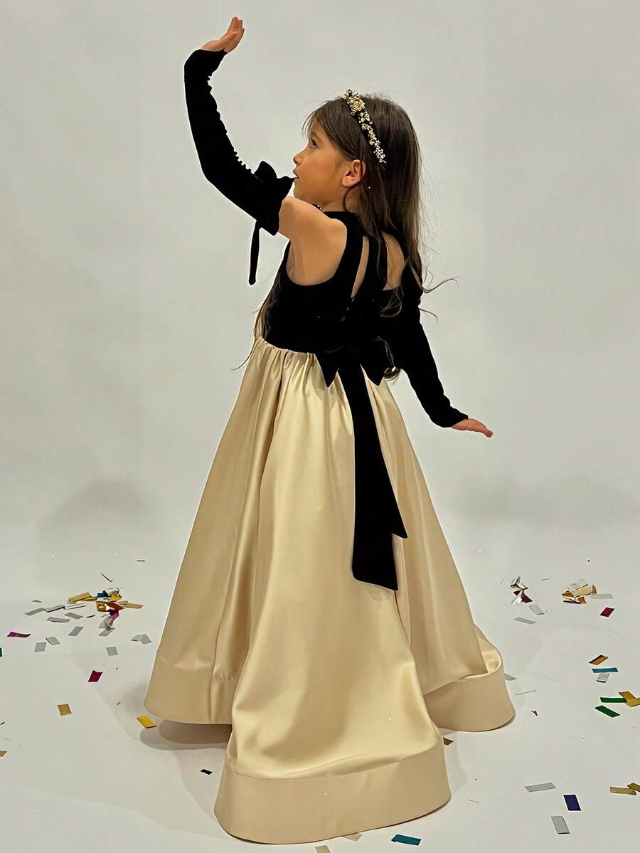 Young Girl Handmade Beaded Bow Party Elegant Grapefruit Dress, Princess Dress Suitable For Girls Birthday Party, Banquet, Ball, Evening Gown, Flower Girl, Bridesmaid Dress, Graduation, Pageant, Holiday Celebration - Black - View 1