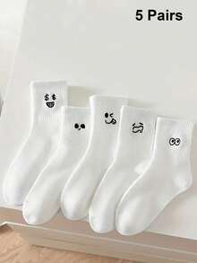 5pairs/Set Men's & Women's White Funny Face Mid-Calf Socks Ins Couple Socks For Casual, Student, Autumn & Winter, Fall