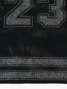 纯色V领短袖闪亮水钻性感透视开衩女式上衣，适合生日派对和节日庆典 - 黑色 - 查看 9