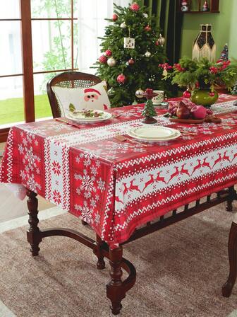 圣诞桌布方形耐用乙烯基红色圣诞桌布塑料可重复使用圣诞老人桌布可撕防水 PVC 圣诞桌布适用于餐饮派对新年野餐