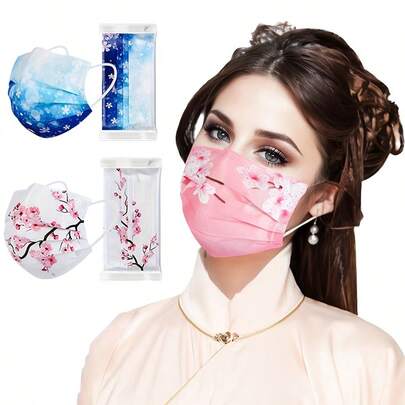 10 件装，浪漫花卉和星空印花安全女士面罩，3 层聚丙烯，保护您的安全弹性、透气和防晒，一次性宽耳环，独立包装