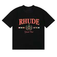 RHUDE 2025 New RHUDE Badge Graphic Tees Cotton Casual Short Sleeve-Shirts Men And Women Couples Matching Outfits100%Cotton Graphic Hoodies - 黑色 - 查看 1
