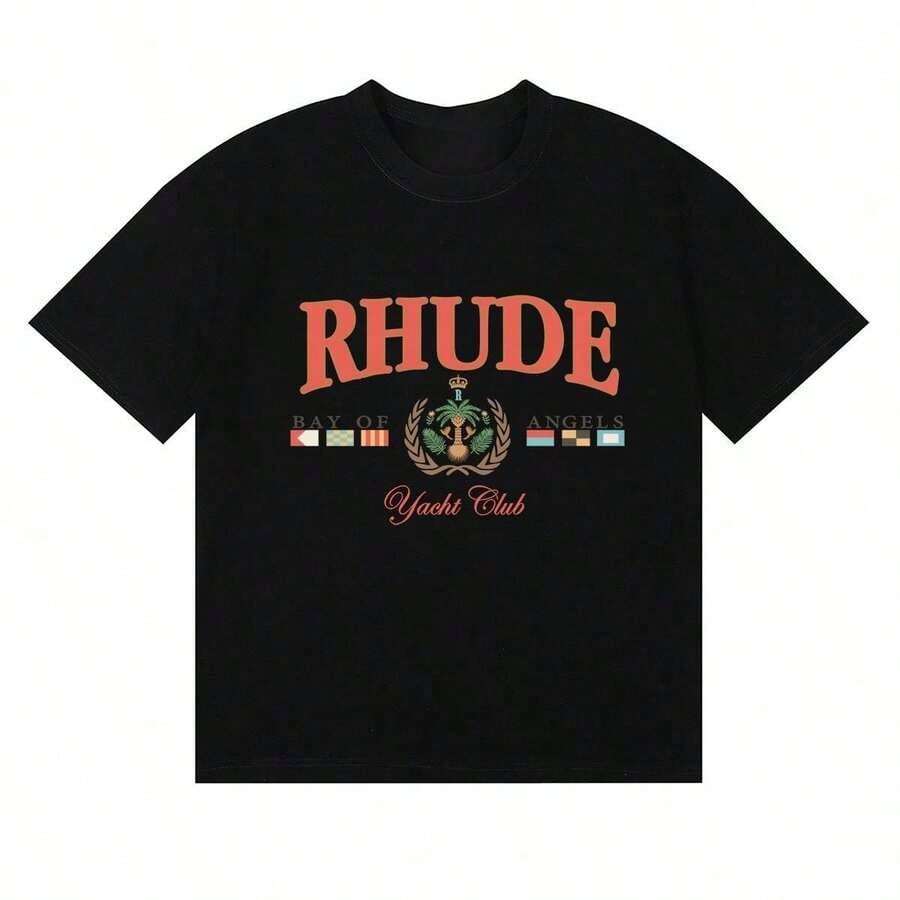 RHUDE 2025 New RHUDE Badge Graphic Tees Cotton Casual Short Sleeve-Shirts Men And Women Couples Matching Outfits100%Cotton Graphic Hoodies - 黑色 - 查看 1