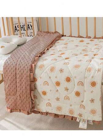 1件婴儿保暖绒毛荷叶边毯，婴儿毛绒被，新生儿棉质安抚巾，双面可用，可机洗