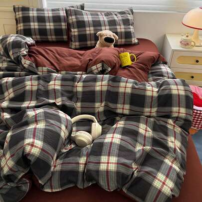 4 件套 Maillard 羽绒被套套装，砖红色和黑色格子，双层雪纺，涤纶，（1 个羽绒被套 + 1 个床单 + 2 个枕套），适合秋冬季，卧室装饰，节日礼物，不包括枕芯，枕套图案随机裁剪