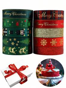 1pc Christmas Ribbon,Holiday Grosgrain Ribbon Gift Wrap,Hot Stamping Craft Christmas Ribbon,Gold Red And Green Ribbon Christmas Wreath DIY Gift Wrap Ribbon For Craft Sewing,Bow Hair Accessories Wedding Decorative Ribbon Party Favors (Various Styles)