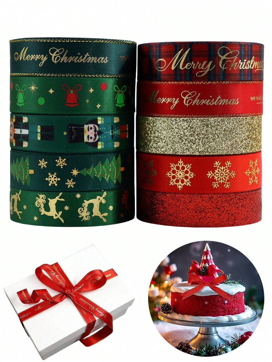 1pc Christmas Ribbon,Holiday Grosgrain Ribbon Gift Wrap,Hot Stamping Craft Christmas Ribbon,Gold Red And Green Ribbon Christmas Wreath DIY Gift Wrap Ribbon For Craft Sewing,Bow Hair Accessories Wedding Decorative Ribbon Party Favors (Various Styles)