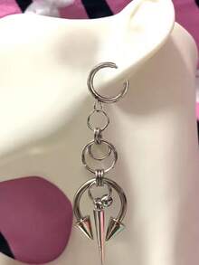 2 Pcs Gothic Stainless Steel Earrings - Double Pointed Cone With Stitching Rivet Details - Silver - View 2