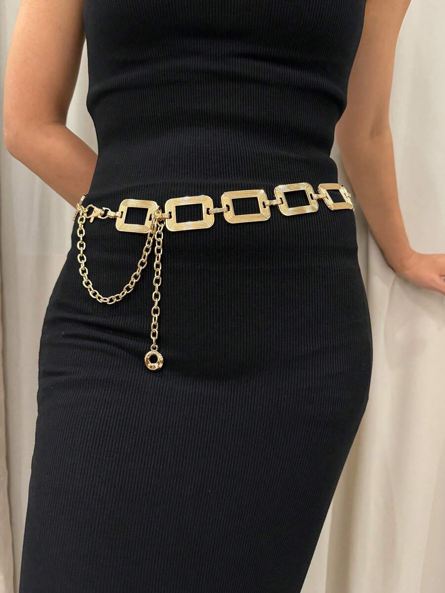 1件女士金色条纹方形身体链，时尚百搭，可搭配连衣裙、裤子和西装，适合日常、晚宴、婚礼、暑期学校、秋季、万圣节等场合。