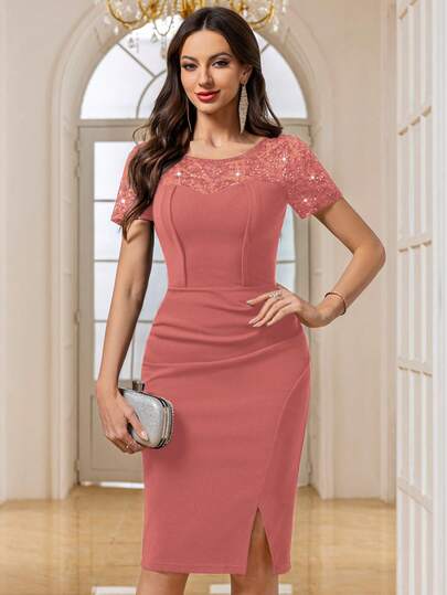 MIUSOL Vintage Sequin Floral Lace Wrap Hem Working Cocktail Party Bodycon Dress